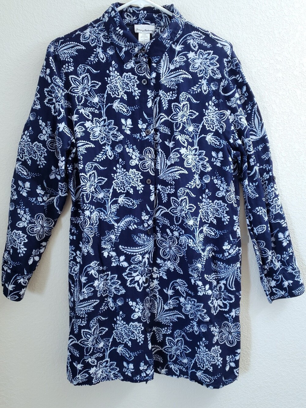 Tommy Bahama Blue White Tropical Floral Print Linen Blend Pocket Shirt Dress, M